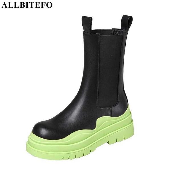 

allbitefo waterproof platform boots genuine leather elastic band women ankle boots high heel shoes school students shoes boots 210611, Black