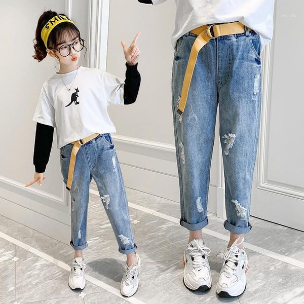 Jeans Bambini Buco Rotto Per Ragazze Moda Adolescente Pantaloni Denim Con Cintura Pantaloni Bambini 4 7 8 9 11 14