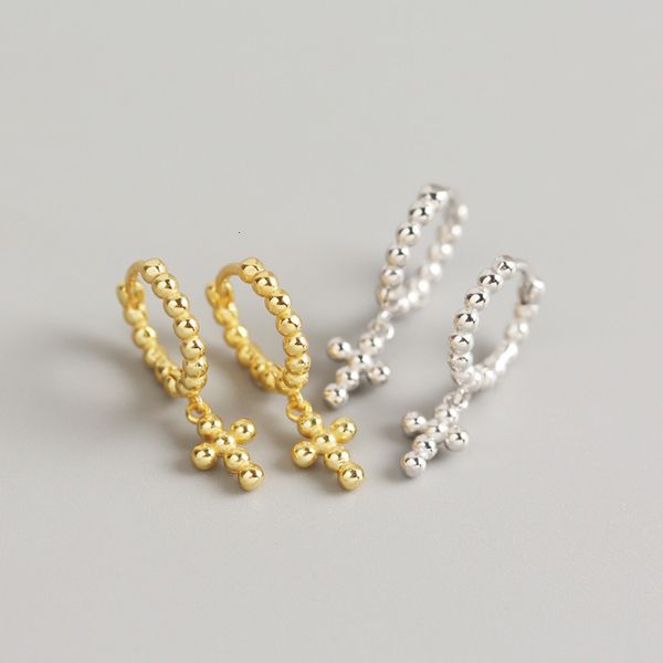 

yhe0205 light luxury s925 pure silver ins design feeling geometric bead cross ear buckle silver ear nail female, Golden