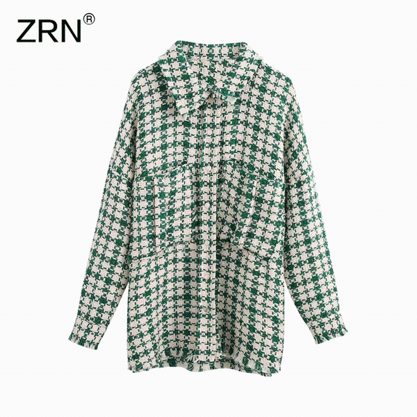 

zrn women vintage green white plaid oversize tweed jacket houndstooth coat long sleeve loose casual long checked outerwear top, Black;brown