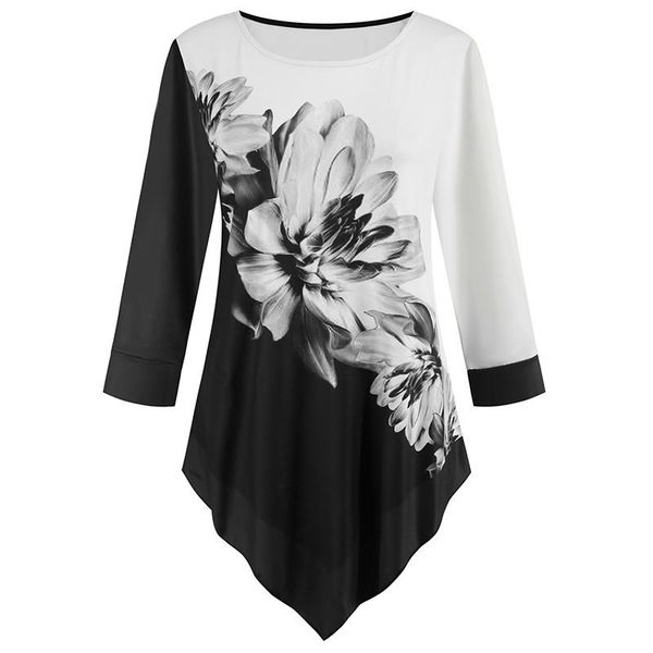 

women's blouses & shirts ink painting printed tunic plus size women irregular casual white shirt 2021 spring o neck three quarter leopa