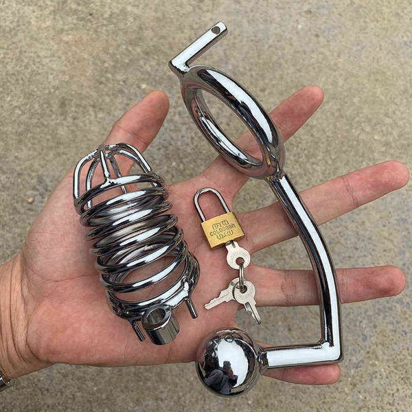 Nxy Cockrings Nuovi giocattoli del sesso Cintura di gabbia di castità maschile con plug anale Massaggio alla prostata Anello del pene Cazzo Scroto Blocco Restraint BDSM Bondage 18 1206