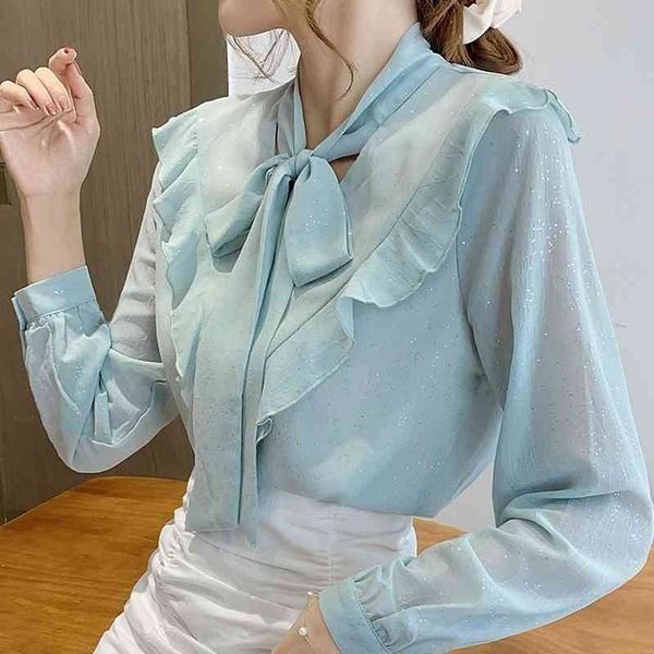 

long sleeve women blouses shirts blouse women blusas mujer de moda ruffles v-neck chiffon blouse shirt women d494 210602, White
