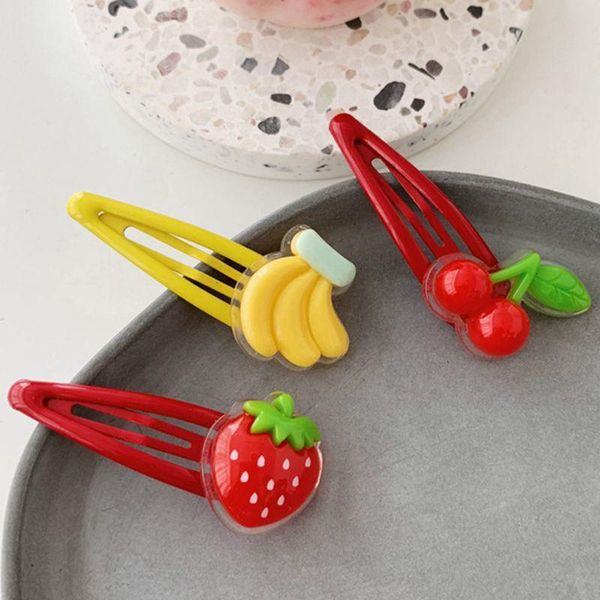 

women girls baking paint bb hair clip lovely 3d strawberry banana cherry fruit resin water drop snap barrettes hair accessories, Slivery;white