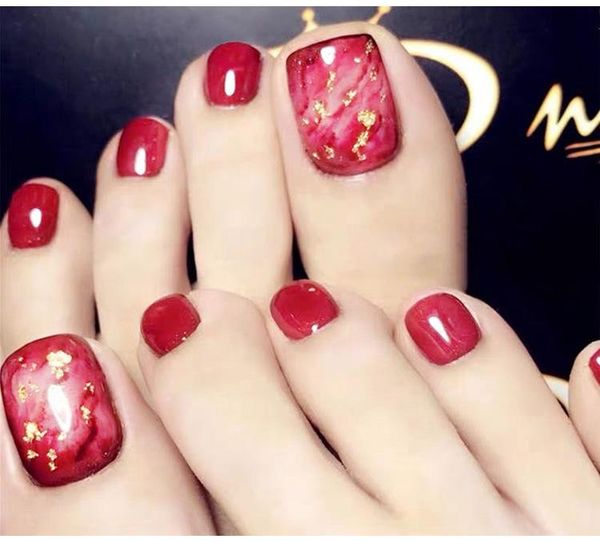 

false nails 24pcs muticolor toenail patch glue type removable short paragraph fashion manicure save time stickers, Red;gold
