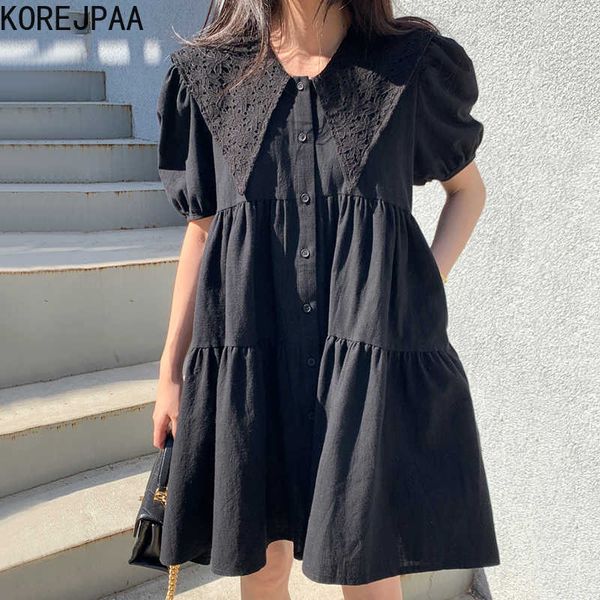 

korejpaa women dress summer korean chic retro hollow pattern pointed collar single-breasted puff sleeve doll vestido 210526, Black;gray