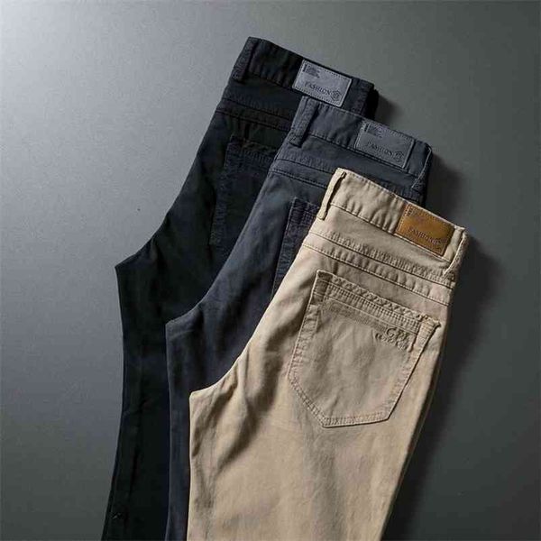 3 Cores Primavera Verão Moda Homens Lisos Calças Casuais 97% Algodão 3% Elastano Calças Masculinas Cáqui Tamanho Grande 28-40,P325 210715