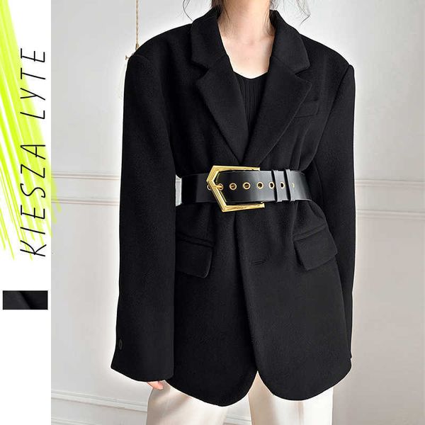 Siyah Yün Takım Elbise Ceket Sonbahar Kış Kalınlaşma Vintage Boy Yün Blazers Kadın Dış Giyim Yüksek Moda 210608