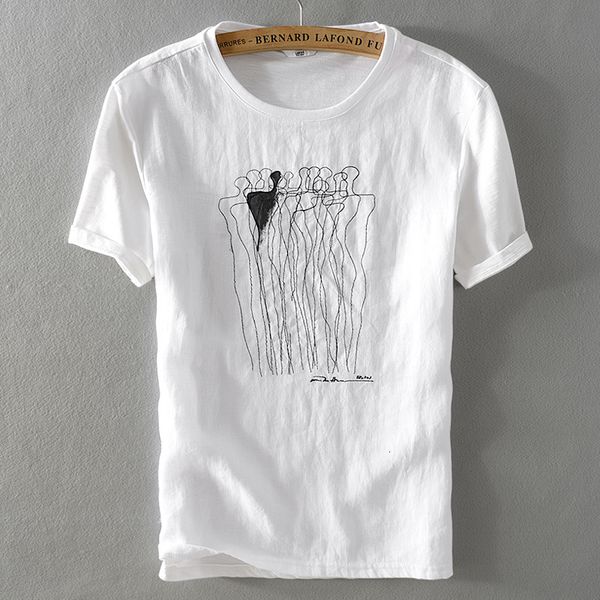 

2021 new summer men's linen t-shirt loose casual cotton shirt men short sleeve stitching white tshirt mens brand flax t shirts male bdk