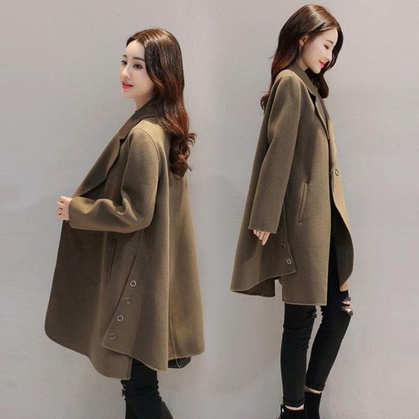 

2021 autumn winter new women's casaco feminino fashion temperament mid-long loose woolen coat cloak woolen coat female c142, Black