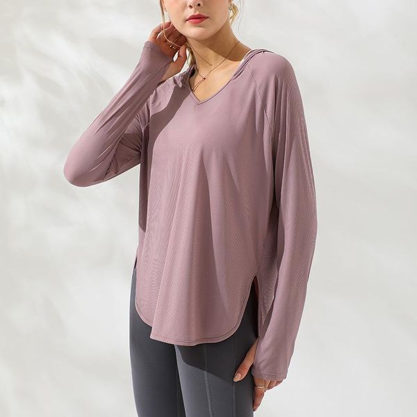 

autumn women's hooded long sleeve yoga wear casual loose v-neck, White;red