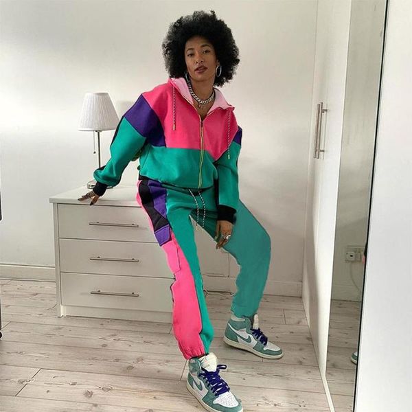 

2021 autumn and winter new european and american women's clothing multi-color printing dyeing fashion leisure sports two-pie, White