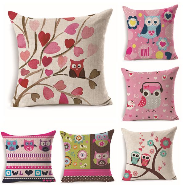 

45cm*45cm pink theme owl pattern linen cotton pillow case sofa cushion cover character pattern square decorative pillow cover