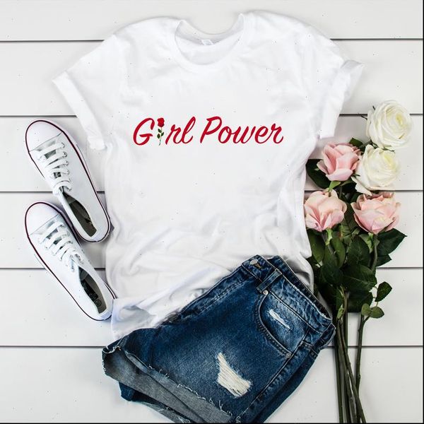 

women t shirt girl power flower floral print tshirt women short sleeve o neck loose ladies summer causal tee shirt, White