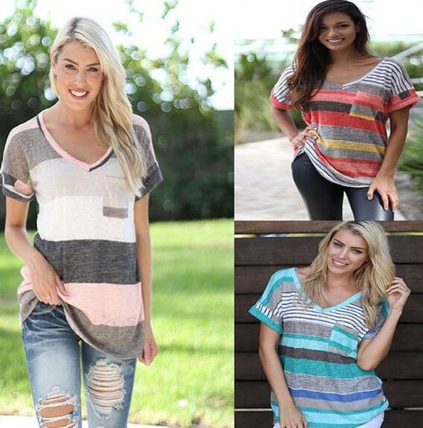 

sale summer on new irregular women pocket print striped short sleeves top, White