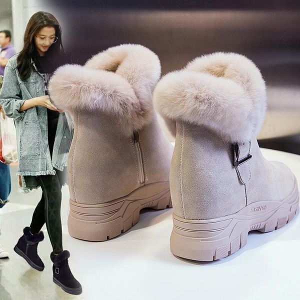 

boots snow winter velvet nubuck short genuine leather fur thick-soled women all-match shoes, Black