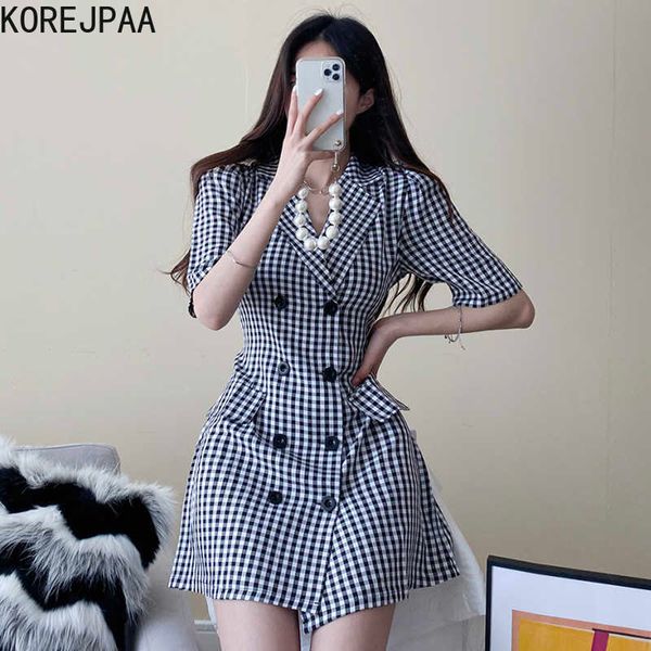 

korejpaa women dress summer korean chic french temperament suit collar double-breasted lace-up puff sleeve plaid vestidos 210526, Black;gray