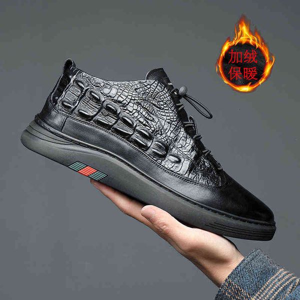 

2021 live broadcast first layer cowhide men's board shoes plush warm middle casual leather, Black