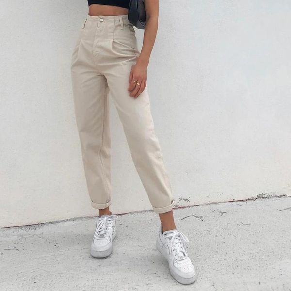 

women's pants & capris office women korean high waist cargo spring clothing straight leg overalls casual solid trousers, Black;white