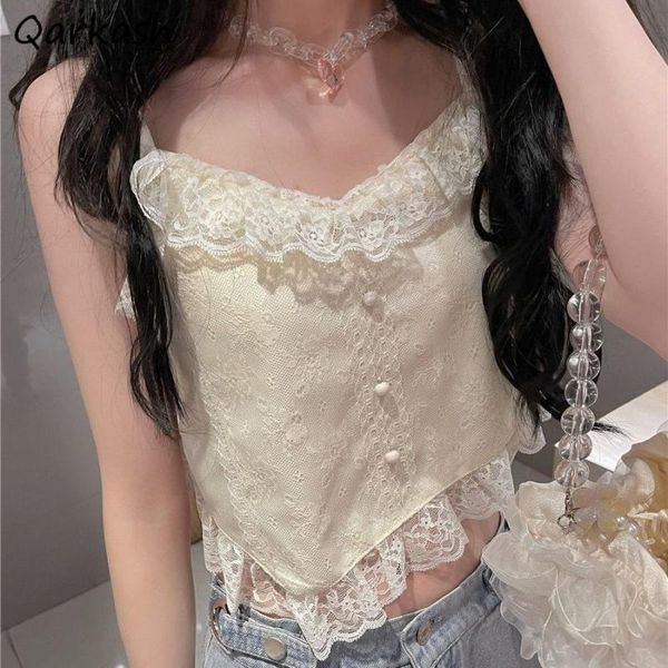 

women's tanks & camis ins women elegant lace patchwork irregular design summer soft basic mujer all-match korean fashion sweet crop top, White