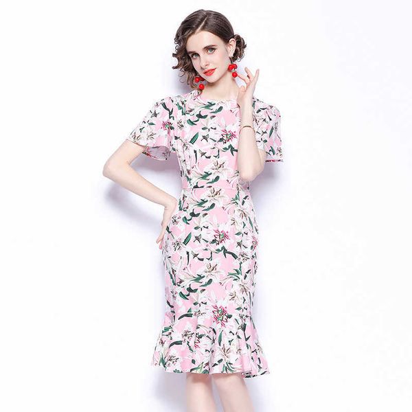 Summer Runway Vintage Retro Floral Print Abiti da donna Casual di alta qualità manica corta Slim Fishtail Dress Vestido femminile 210529