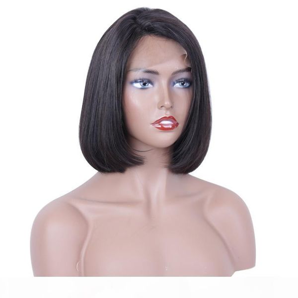 

good looking raw material bob short unprocessed virgin remy human hair natural color natural straight full front lace wig for girl, Black;brown