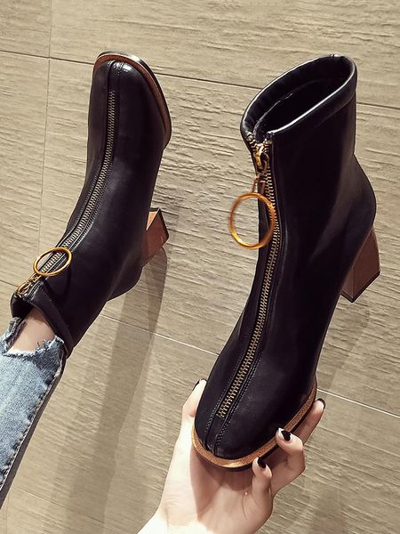 

boots fashion womens ankle round toe pu leather high heels shoes black beige winter warm k082