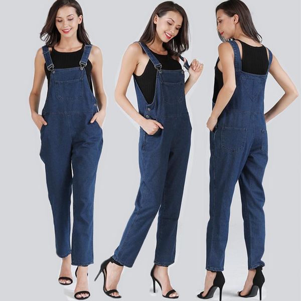 

women's jeans women ladies baggy denim bib full length overall solid loose causal jumpsuit pants, Blue