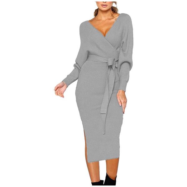

casual dresses knitted sweater pencil dress womens knotted sweaters v neck bag hip long sleeves tie waist robe pull femme, Black;gray