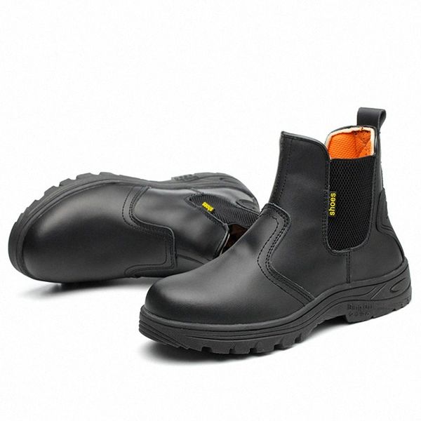 

large size 45 46 men fashion black steel toe cap work safety shoes genuine leather security ankle boots building site worker h0ts#