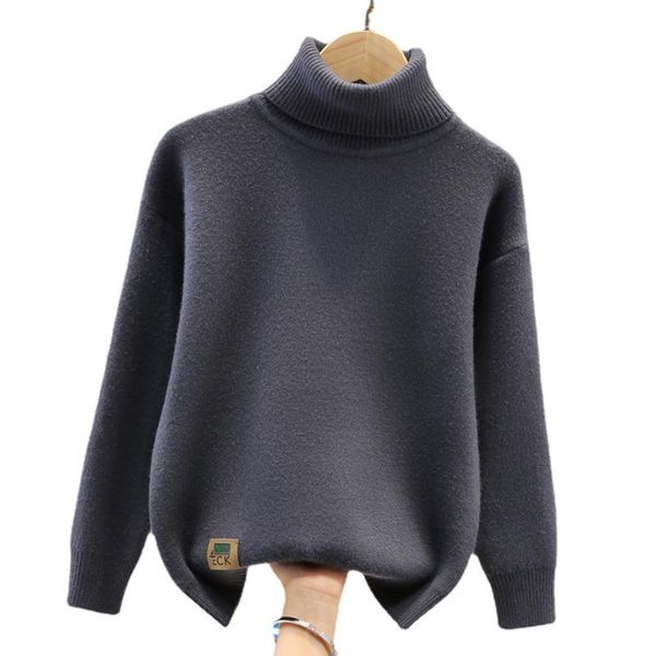 

pullover children's sweater for girl winter plus velvet hight collar design knitted warm teen boy 4 6 8 10 12 14 years, Blue