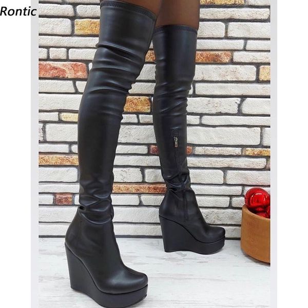 

boots rontic women winter over the knee stretch platform wedges heels round toe elegant black night club shoes us size 5-20