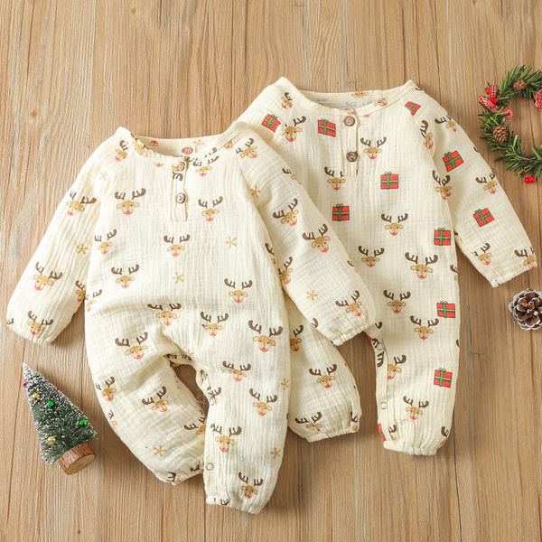 

jumpsuits citgeeautumn christmas infant baby girls boys rompers xmas deer printed long sleeve button clothes, Blue