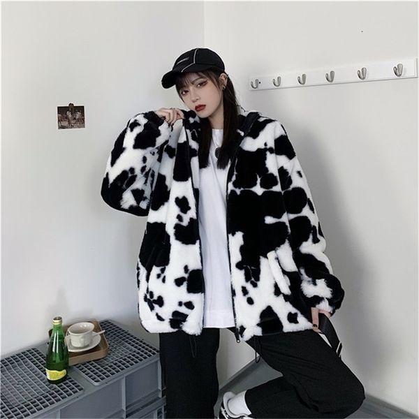 Koreanische Winter Mode Mantel Harajuku Kühe Druck Lose Volle Hülse Leder Jacke Vintage Flanell Warm Halten Baumwolle Kleidung 211029