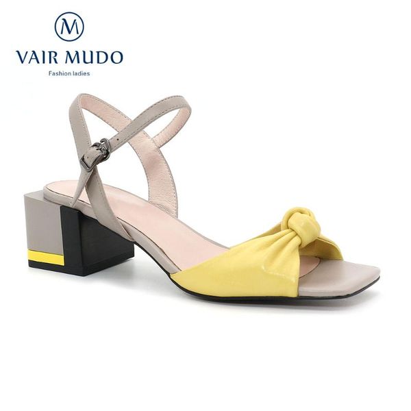 

vair mudo ankle women sandals new style spring autumn fashion thick heels sheepskin yellow buckle strap dress solid shoes lx7-c, Black