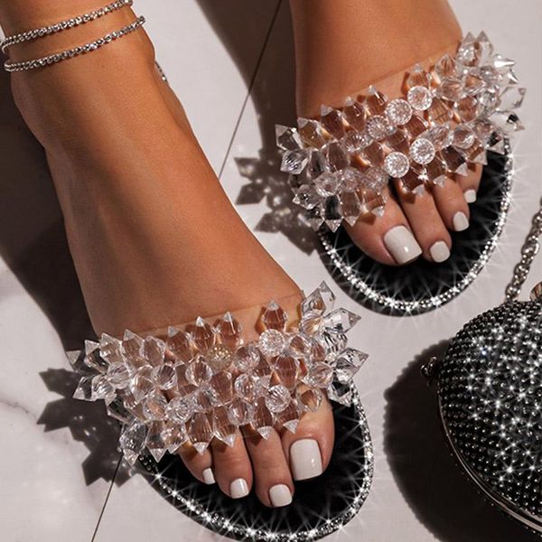 

ladies slippers summer slides crystal fashion string bead decorated flat round toe women sandals female shoes plus size 2021, Black