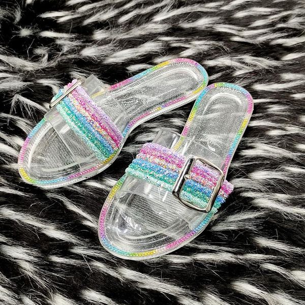 

women's jelly pvc sandal water shoes crystal slip on slippers summer rhinestone rainbow flip flops, Black