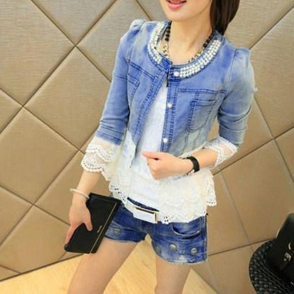 

women's jackets s-5xl autumn women lace patchwork half sleeve short pearl bead denim coat woman casual jean jacket female outwear femin, Black;brown