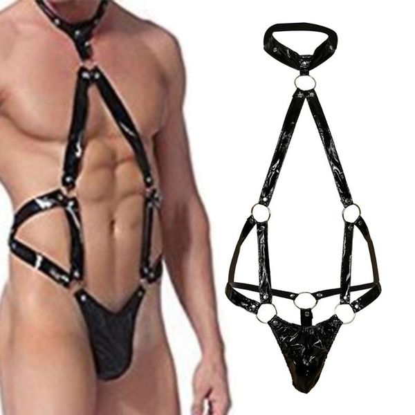 

bras sets men's fun underwear with this clothing pvc leather tight body suit, Red;black