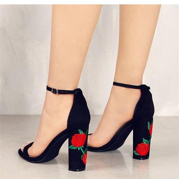 

sandals women high heel summer buckle strap square heels ladies super flowers shoes female sapato feminino, Black