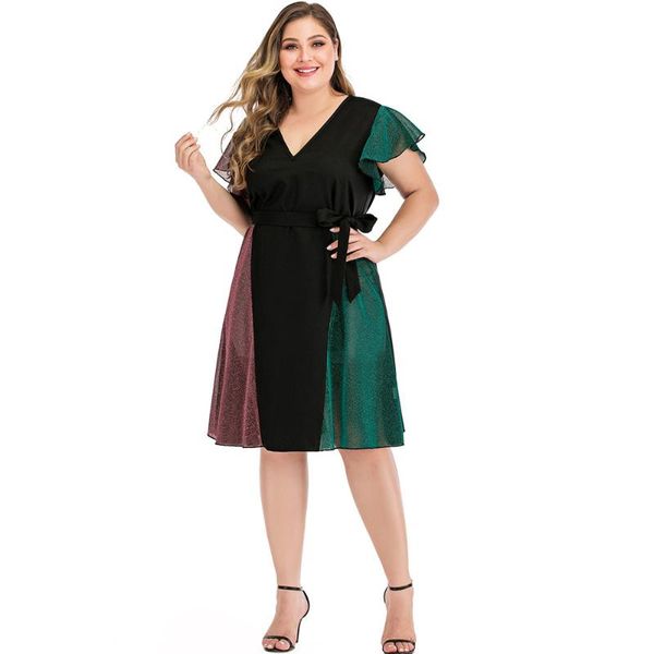 

plus size dresses oversize woman summer 2021 casual patchwork ruffles short sleeve v neck sashes elegant dress high street wear, Black