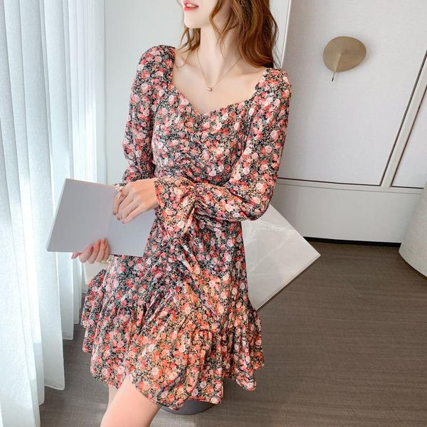 

casual dresses vintage floral dress women elegant designer mini long sleeve bandage korean 2021 autumn women's clothing, Black;gray