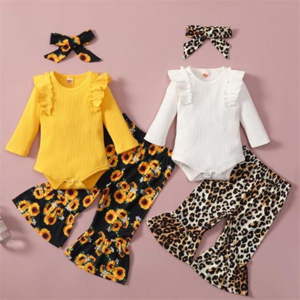 

clothing sets 0-24y baby girl clothes set casual long sleeve romper printed pattern pants and headdress for autumn spring children outwear, White