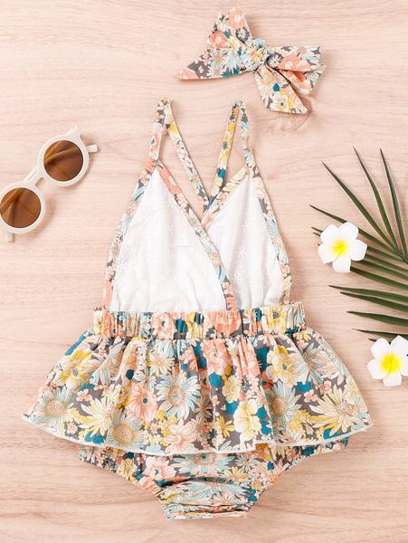 

baby floral print criss cross back combo dress & headband she, Red;yellow