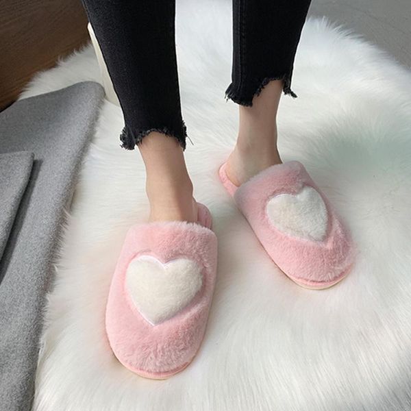 

cute women slippers love heart cotton winter fur slides ladies home furry slippers warm house indoor non-slip shoes, Black