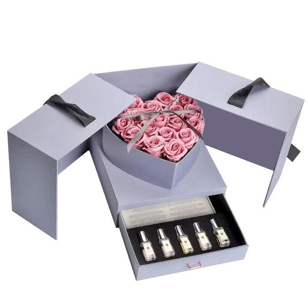 

double side open heart jewelry hard gift drawer rose flower box with ribbon