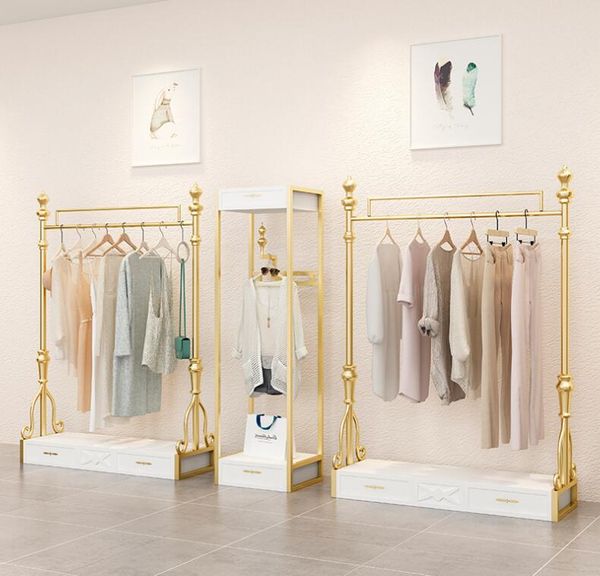 

Clothing store display rack Commercial Furniture floor type women's cloth shop side hanging racks European gold combination clothes hanger