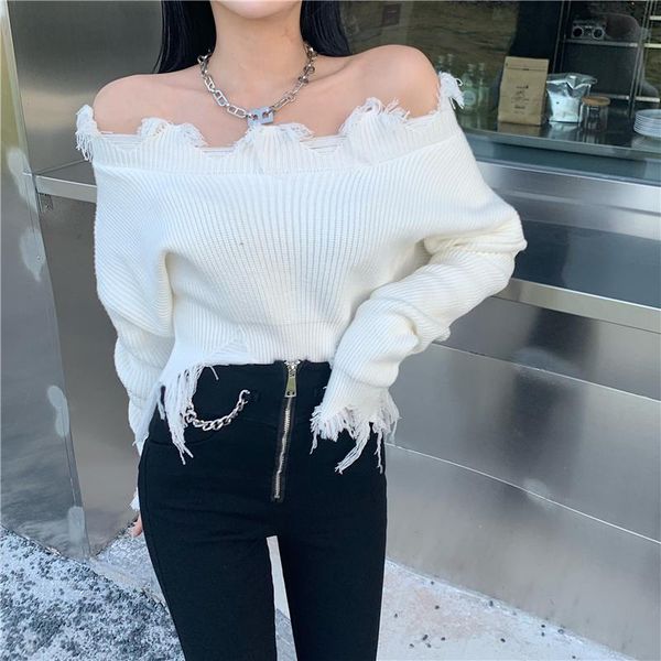 

women's sweaters women short design hollow sweater korea long sleeve off shoulder fringed pullovers female, White;black