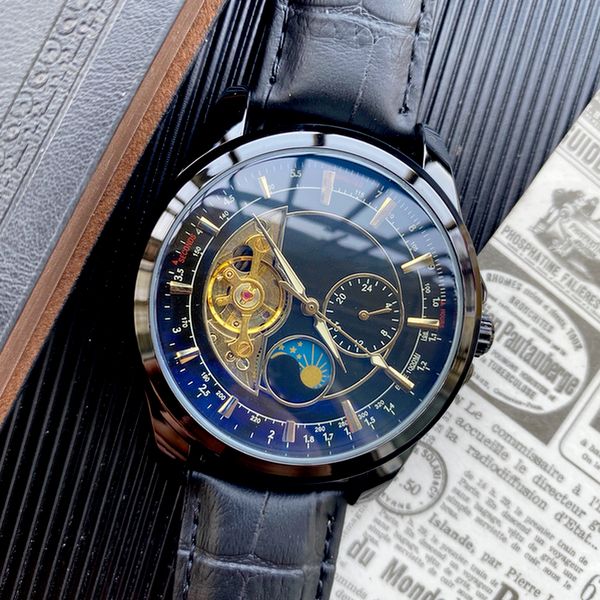 

7-7men watch leather strap tourbillon mechanical movement automatic date stainless steel full-featured fashion montre de luxe watch, Slivery;brown