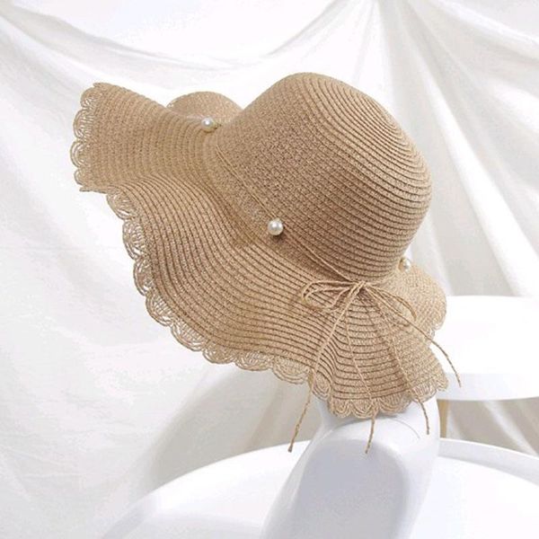 

wide brim hats summer for women with pearl bow sun protection korean casual bucket hat female large outdoor fashion foldable, Blue;gray